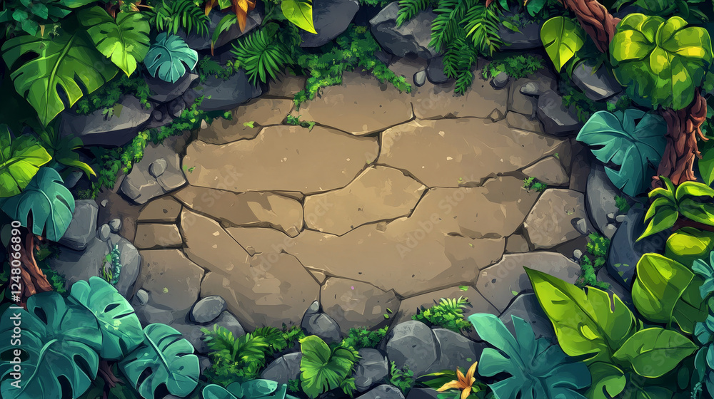 Poster jungle stone frame for cartoon game ui vector. rock board and button icon element for aztec app desi