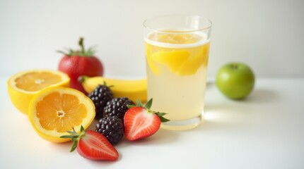 Fresh fruits and a glass of water on a white surface, minimal and clean composition, promoting health and hydration