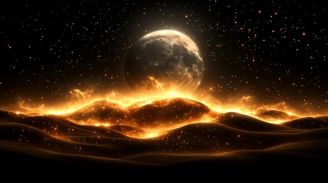 Fiery Celestial Landscape Dramatic Moonlit Night Sky Glowing Ember Hillscape