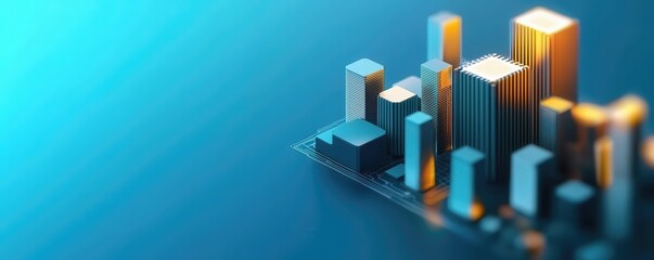 Modern city skyline with abstract buildings in vibrant colors against a blue background.