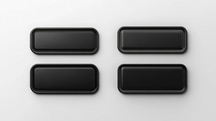 Black pin badge mockup top and bottom view. Blank glossy rectangle brooch tag with rounded corners for merch template. 3d realistic vector illustration of empty promotional and advertising souvenir.