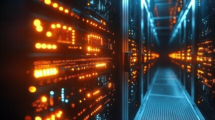 Fototapeta premium Illuminated server room, data center, network infrastructure, glowing lights, technology