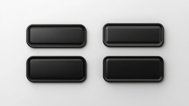 Black pin badge mockup top and bottom view. Blank glossy rectangle brooch tag with rounded corners for merch template. 3d realistic vector illustration of empty promotional and advertising souvenir.