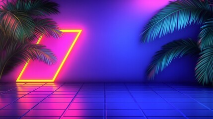 Fototapeta premium Neon Glow Tropical Paradise Retro Vibe 80s Synthwave Aesthetic Background