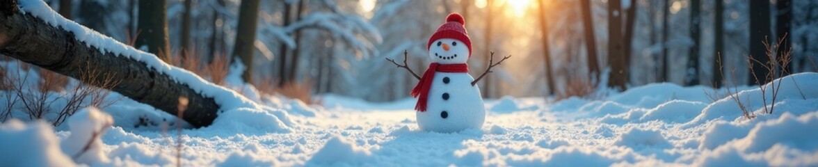 Obraz premium A snowman in the woods with a fallen tree branch, woods, serene, natural