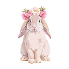 Lop eared rabbit wearing floral arrangement  watercolor painting vector art design