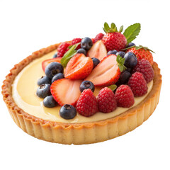Delicious Fruit Tart with Custard Filling – Colorful Dessert on White Background