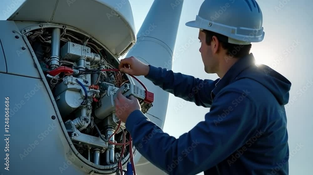 Poster mechanical precision: a skilled technician in a hard hat meticulously inspects and maintains the int