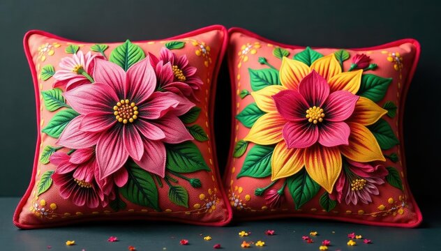 Almohadillas de paramo decoradas con flores artificiales, detalles, paramo, pintura