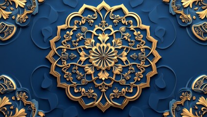 Gold ornate mandala, blue background, 3D render, wall decor