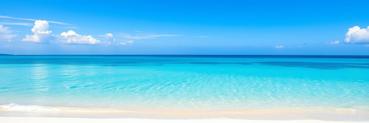 Pristine white sands and crystal clear turquoise waters under a clear blue sky on a secluded tropical beach, serene, blue sky, clear water