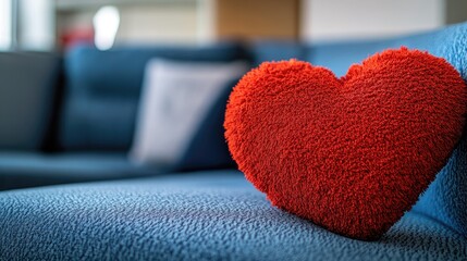 A decorative heart-shaped cushion placed on a couch.