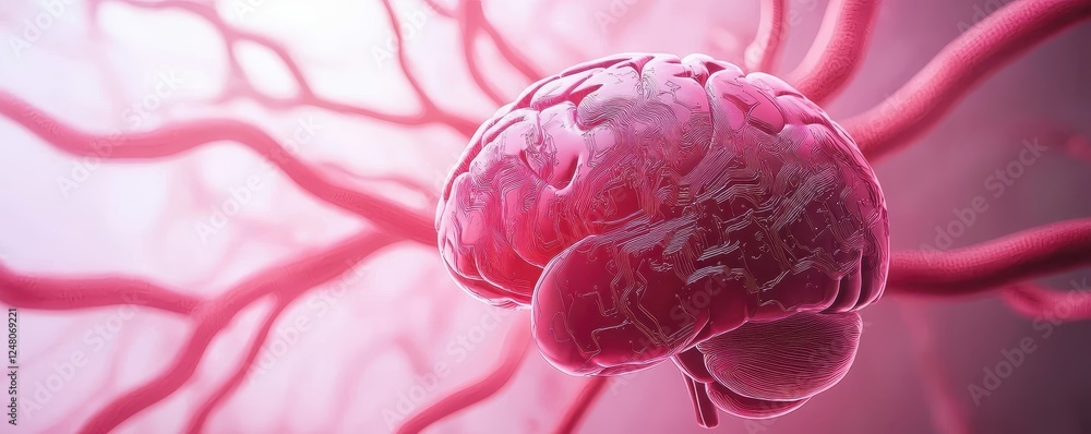 Poster brightly colored brain illustration with abstract neural connections in a surreal design.