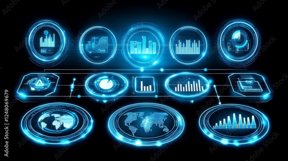 Aufkleber futuristic digital interface technology hud neon glowing circles data analytics network global busin
