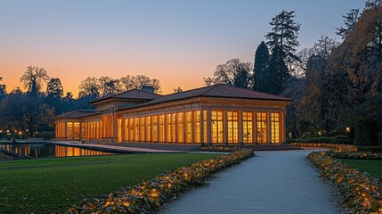 Obraz premium Illuminated villa at sunset, park path, autumn. Stock photo