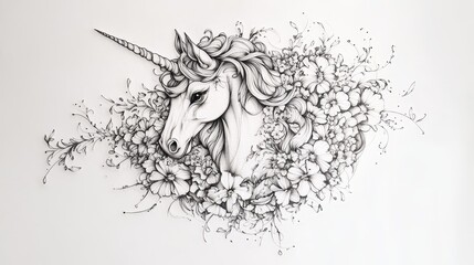 Fototapeta premium Elegant Unicorn Tattoo Surrounded by Intricate Floral Designs and Details