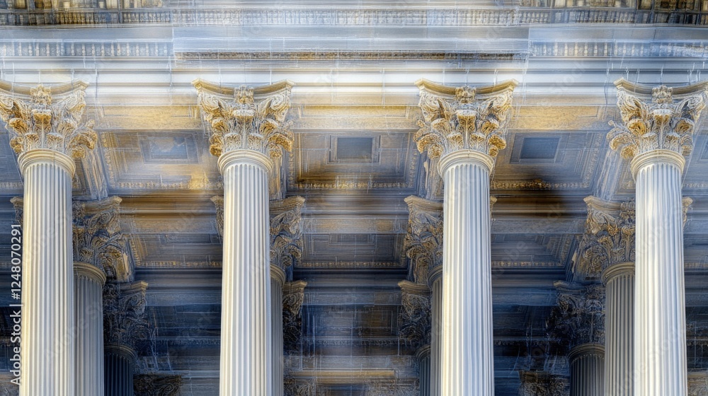 Poster a detailed view of a building's façade featuring ornate columns and a clock tower