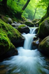 The sound of water flowing over moss covered boulders is calming, soothing, water, natural
