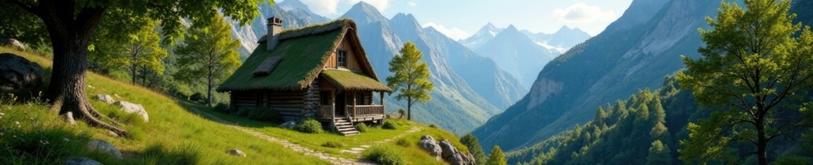 Naklejka premium Thatched cottage nestled among mountain trees, thatch, wildlife, cabin life