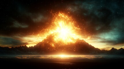 Fiery Celestial Explosion Dramatic Sunrise Volcanic Eruption Fantasy Landscape