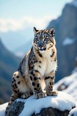 Obraz premium Snow leopard's fur blends with rocky mountain landscape, soft focus, serene atmosphere, wildlife, wild, snow leopard