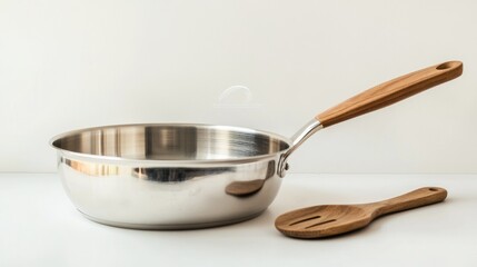 Stainless Steel Pan and Wooden Spoon