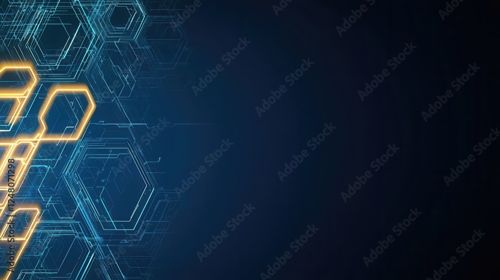 Poster abstract digital background with glowing geometric shapes and hexagons in a dark blue tone.