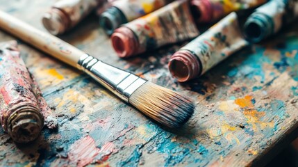 Obraz premium Paintbrushes and Paint Tubes on a Wooden Palette