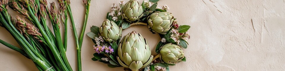 Obraz premium A decorative wreath made with artichokes and other flowers, perfect for home decor or special occasion