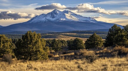 Fototapeta premium Snow-capped Mountain with Lush Trees
