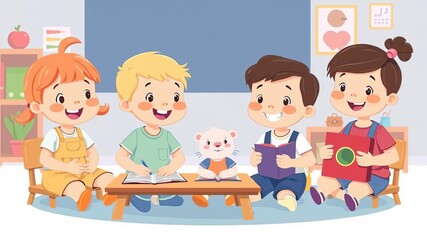 Teacher and group of young students in kindergarten setting, with colorful backpacks and educational tools, children, kindergarten, cute