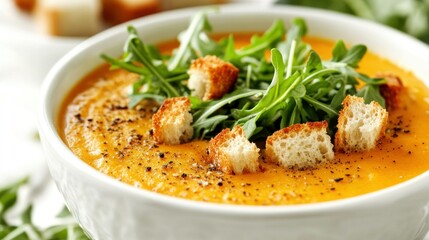 Creamy Pumpkin Soup with Croutons and Arugula