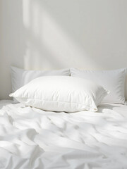 Obraz premium A Soft, Fluffy White Pillow Resting on a Neatly Made Bed with Crisp White Sheets. Soft Natural Lighting Enhances the Texture and Comfort of the Fabric, Creating a Cozy and Serene Bedroom Atmosphere 