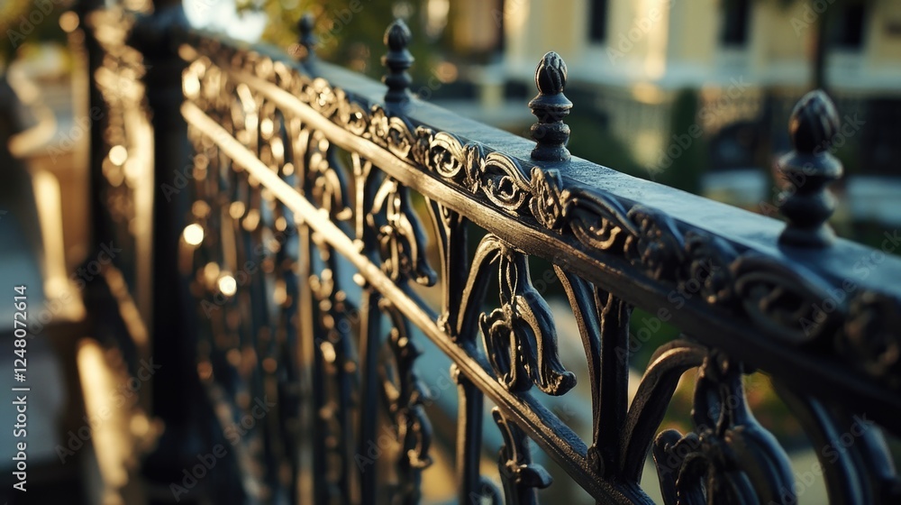 Poster a close-up view of a metal fence with a building in the background, great for use in architecture or