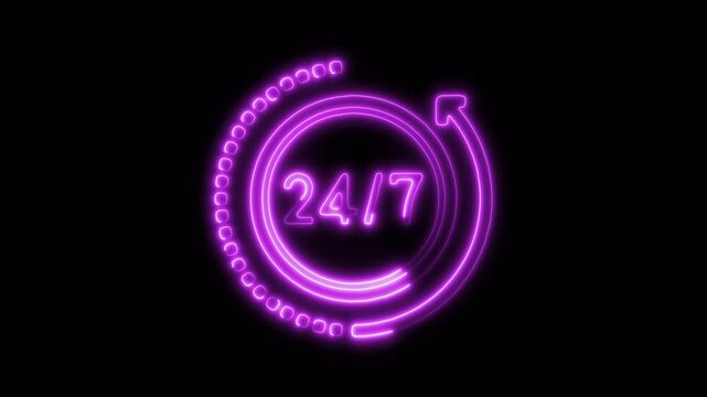 Glowing Neon 24-Hours Icon, Symbol of Continuous Service and Availability, HD Video Motion Graphic Animation on Black Background Isolated