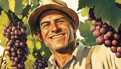 Smiling vintner stands among the grapevines on a sunny day