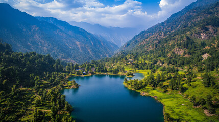 Mountain lake in forest nature landscape vector background. Summer tree scenery with green grass valley and blue sky on alps panorama. Beautiful adventure outdoor altai vacation drawing concept