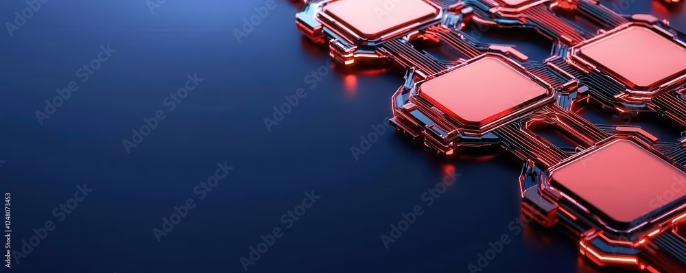 Poster Abstract circuit board with glowing red elements on a dark background.