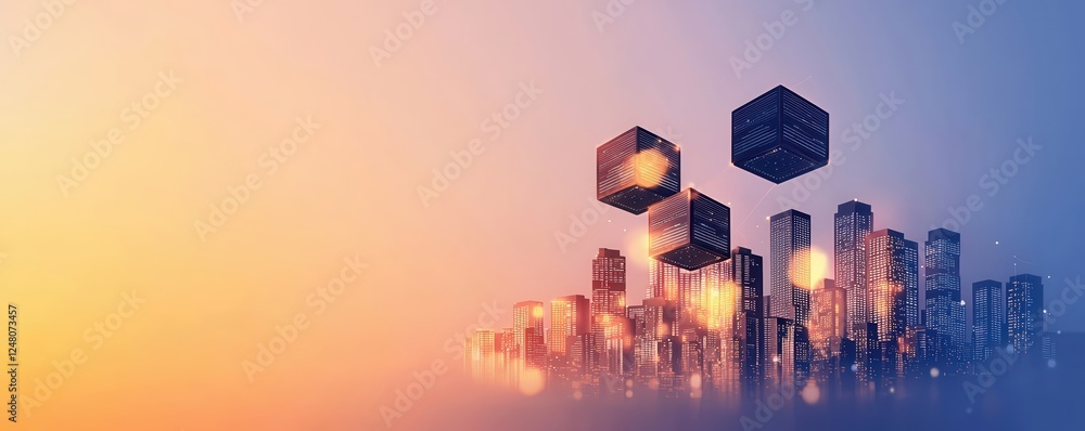 Poster futuristic cityscape with illuminated buildings and floating geometric shapes at sunset.