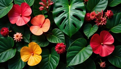Fototapeta premium Monstera Deliciosa in a mixed tropical arrangement, dense foliage, floral arrangement