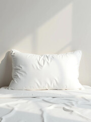 A Soft, Fluffy White Pillow Resting on a Neatly Made Bed with Crisp White Sheets. Soft Natural Lighting Enhances the Texture and Comfort of the Fabric, Creating a Cozy and Serene Bedroom Atmosphere
