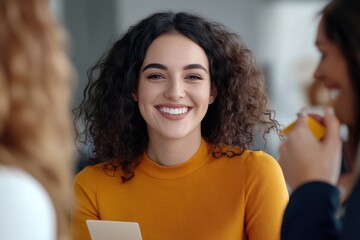 Smiling young woman in cozy sweater sitting with friends enjoying conversation and sharing joyful moments indoors