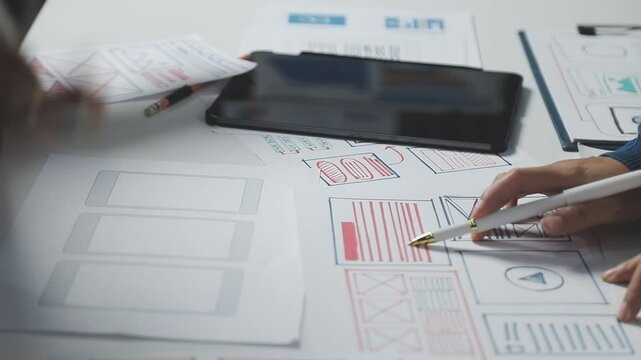 Close up top view Asian ux developer and ui designer hand brainstorming about mobile app interface wireframe design on table color code at modern office.Creative digital development agency