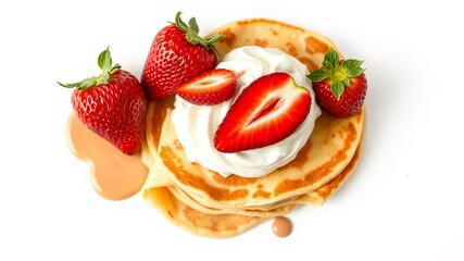 Hand drawn sketch of crepes on a plate with strawberries and whipped cream, delicious, tasty, rustic