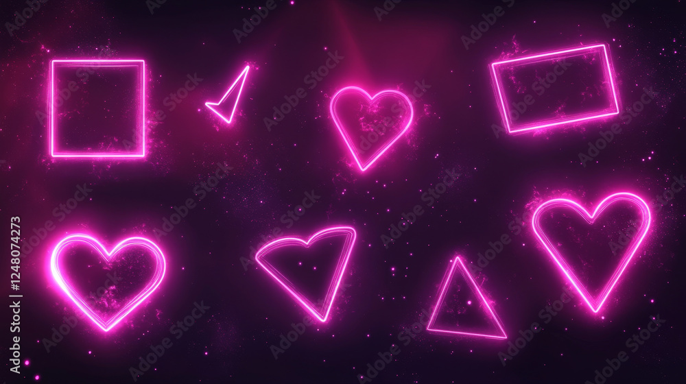 Poster pink frames made of glowing neon lightning. realistic vector set of rectangle, triangle and heart sh