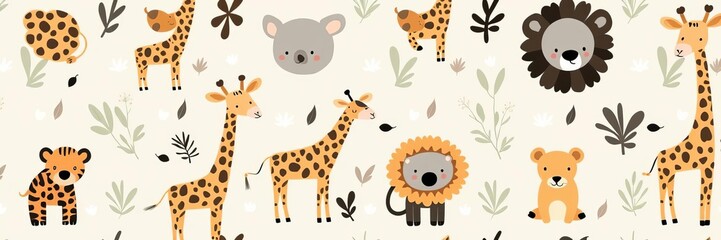 Cute cartoon bohemian nursery safari print featuring koala, giraffe, lion, leopard, and bear characters in a seamless pattern for children's bedroom decor, seamless pattern, nursery, giraffe