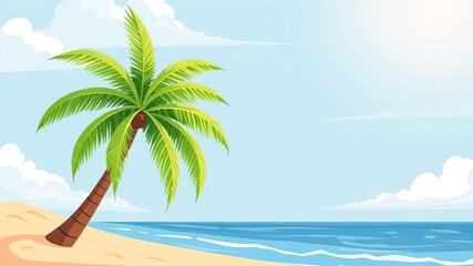 Obraz premium Summer beach background with sandy seashore, palm tree, and ocean, perfect for vocation seaside travel, backdrop, summer, seaside