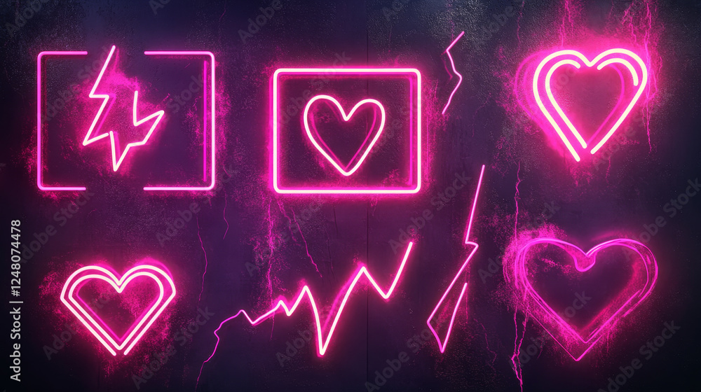 Poster pink frames made of glowing neon lightning. realistic vector set of rectangle, triangle and heart sh