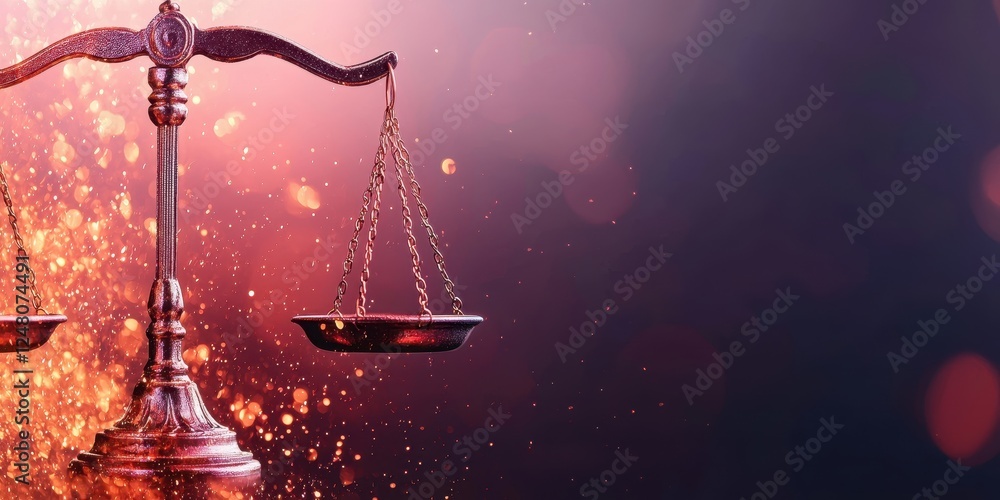 Poster a close-up of a balanced scale symbolizing justice against a dark, sparkling background.