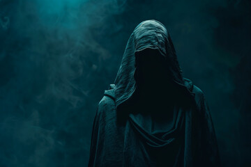 Scary figure with hooded cape in the dark